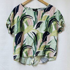 Tahari Short Cuff Sleeve 100% Linen Leaf Multicolor Print Blouse Womens Medium